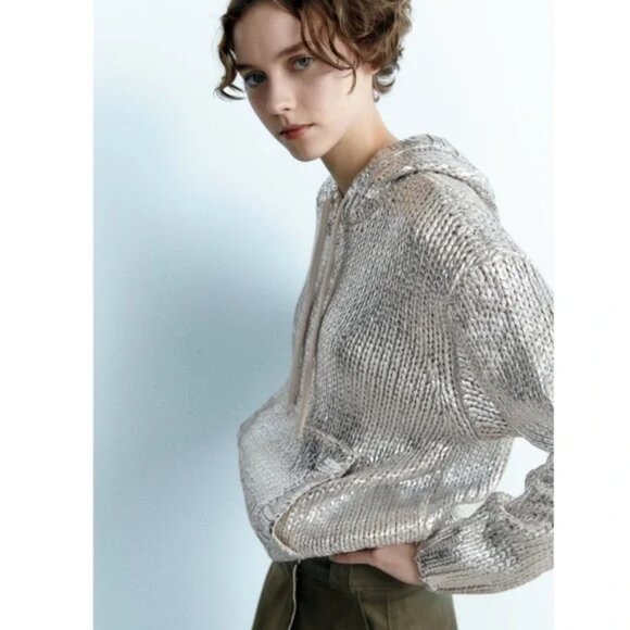 Zara Sweater Women's Large Metallic Silver Foil Hooded Knit Pullover Sweatshirt - Picture 1 of 15